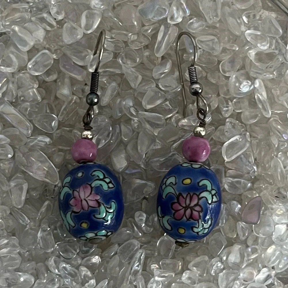Vintage Blue Ceramic Floral Drop Earrings
